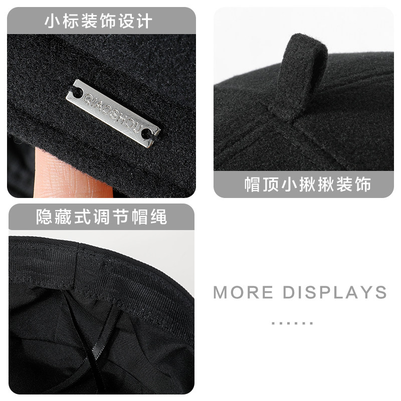 黑色贝雷帽女秋2025新款显脸小蓓蕾帽秋冬高级感八角帽画家帽帽子