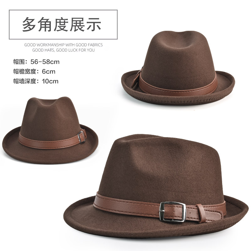 上海滩帽子礼帽男春秋毛呢卷边英伦绅士帽复古秋冬休闲毡帽爵士帽 - 图0