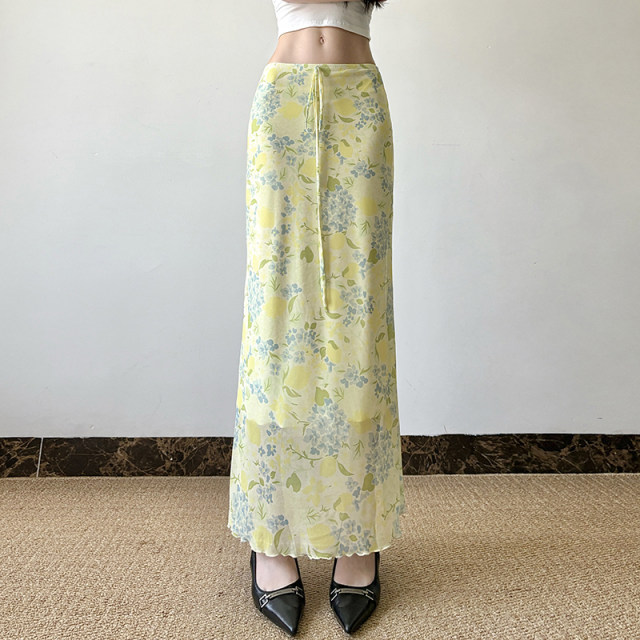 Pastoral holiday style retro floral versatile straight long skirt