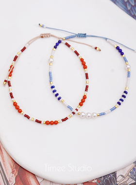 Timee恬觅 卯晨光 天然青金石淡水珍珠抽拉编绳送人礼物手链手串