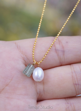 Timee恬觅 月华 天然碧玺淡水珍珠抽拉调节银镀金项链锁骨链礼物