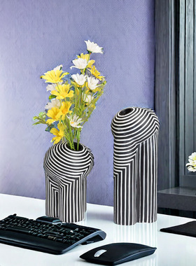 欧式创意黑白条纹插花花器摆件样板间售楼部玄关茶几客厅软装花瓶