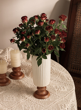 仿真花假花客厅餐桌插花花艺摆件复古实木高脚陶瓷花瓶可蓄水