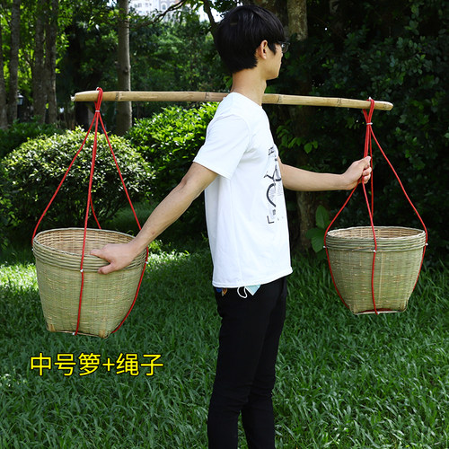扁担箩筐竹编制品喜事道具农用竹筐结婚小竹篮大号老式手工竹篓筐 - 图0