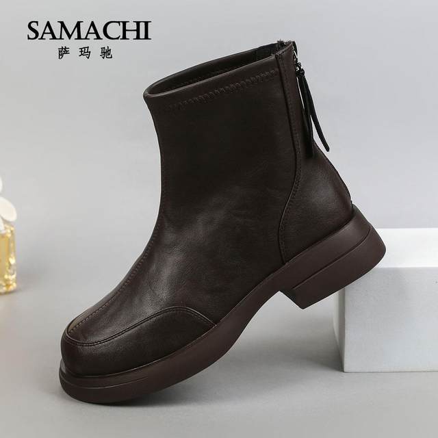 Samachi Martin boots women's 2025 new British style rear zipper soft sole comfortable thin velvet warm fashionable women's boots