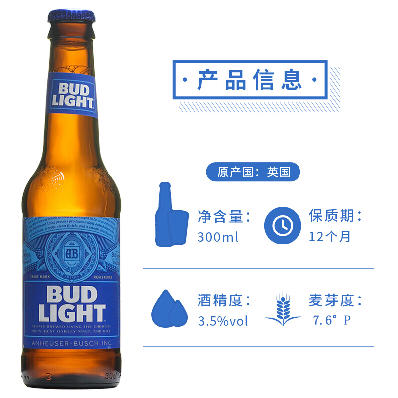 【进口】蓝百威旋盖啤酒300ml*15瓶Budweiser/Bud Light清仓整箱