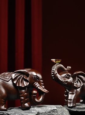 木雕摆件大象实木头质雕刻动物家居中式客厅办公桌面书房工艺礼品