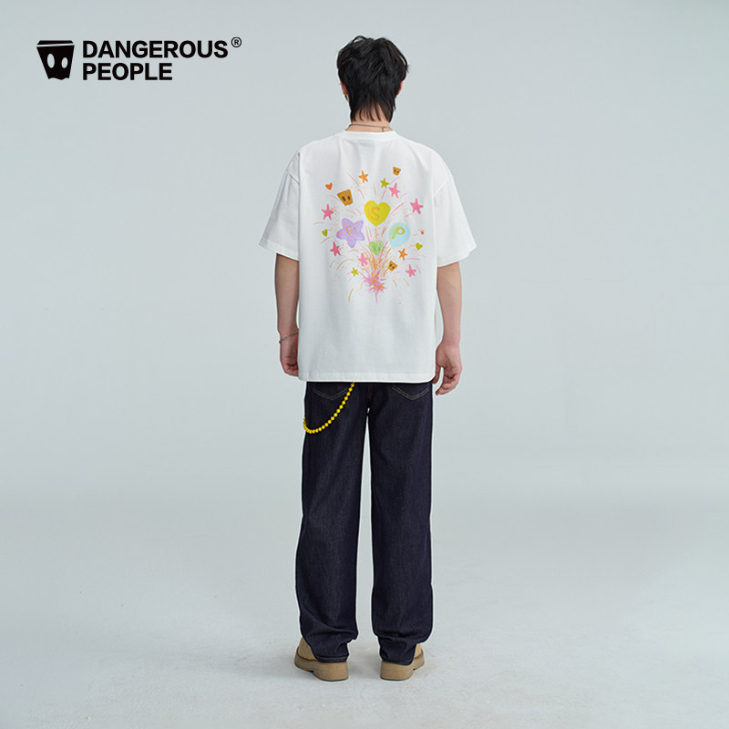 Dangerouspeople薛之谦dsp烟花涂鸦T恤夏季潮牌全棉情侣百搭短袖 - 图2