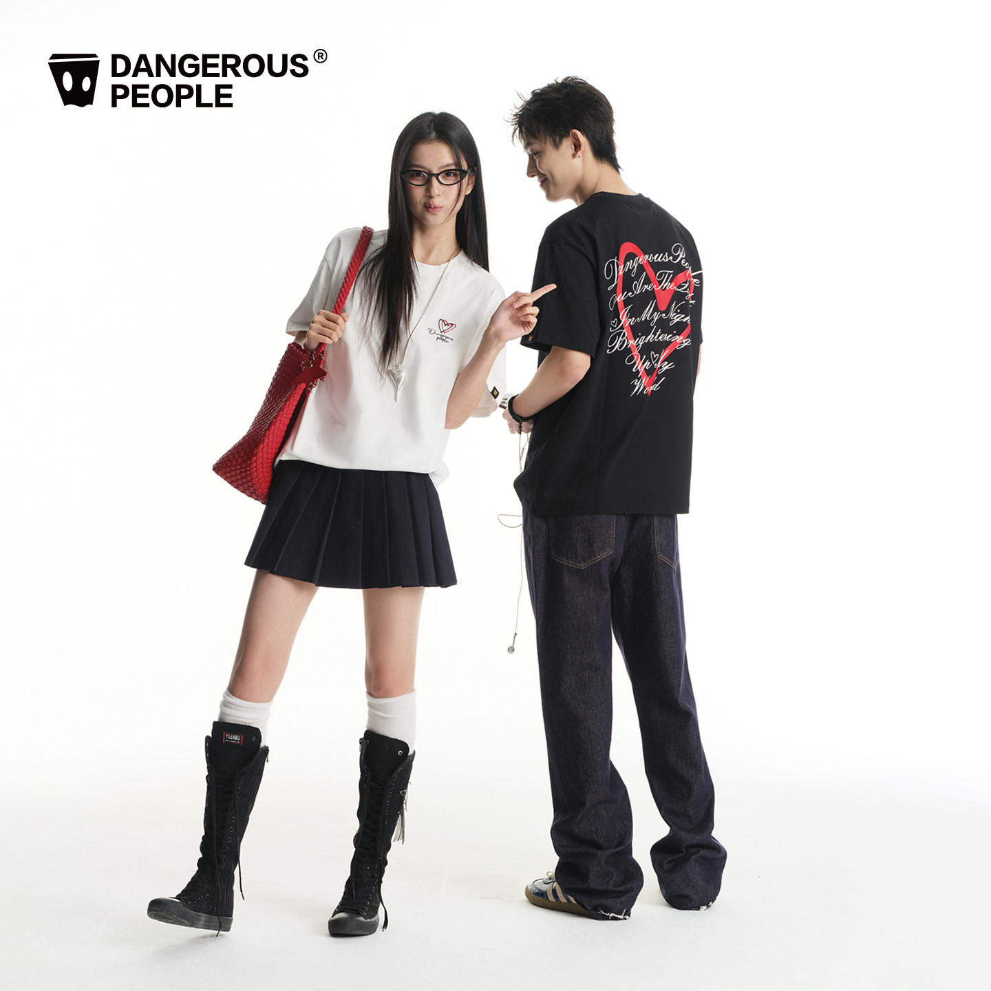 Dangerouspeople薛之谦dsp字母爱心印花短袖全棉落肩情侣T恤