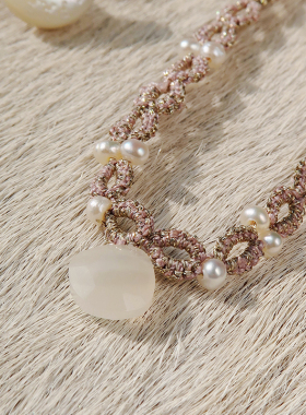 法国Lorina Balteanu蕾丝月亮石项链法式手工梭织编织锁骨链