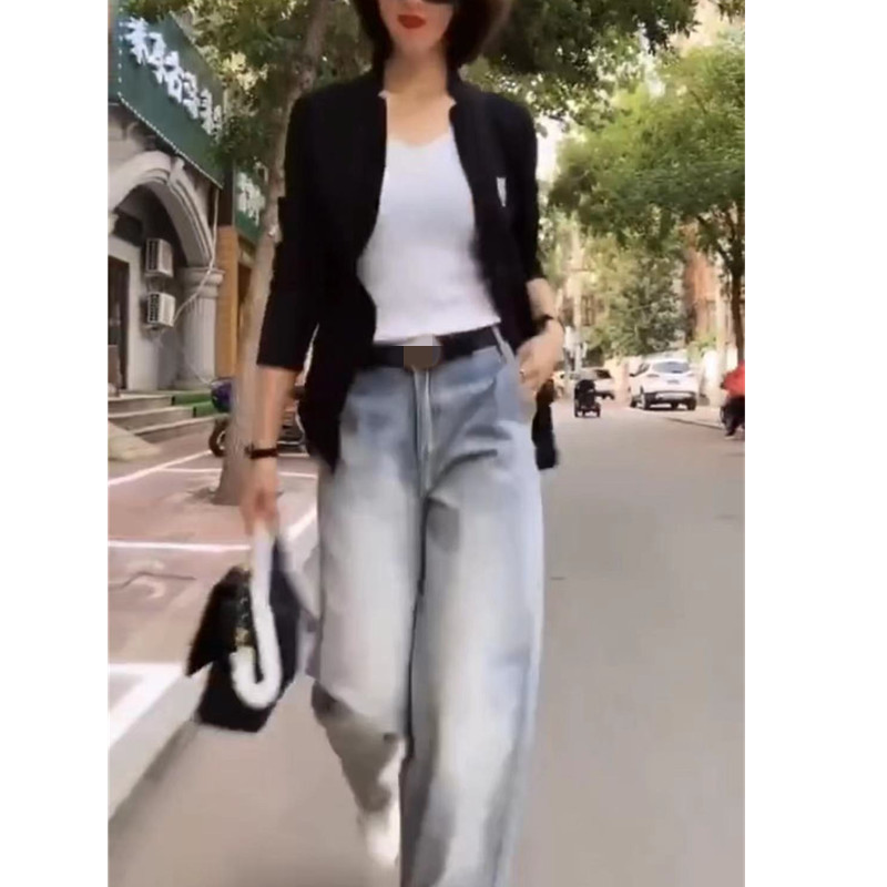 韩国设计师CherryKoko春季新款时尚修身外套白色打底衫直筒牛仔裤-图1