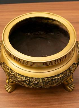 双龙戏珠香炉黄铜摆件家居客厅铜摆饰店铺开业全铜装饰品送礼供奉