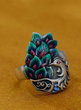 英国TopWhit珐琅凤凰戒指女复古做旧烧蓝孔雀开屏简约民族风文艺