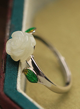 英国TopWhit复古防白玉玫瑰花古风开口戒指女珐琅小众设计感气质