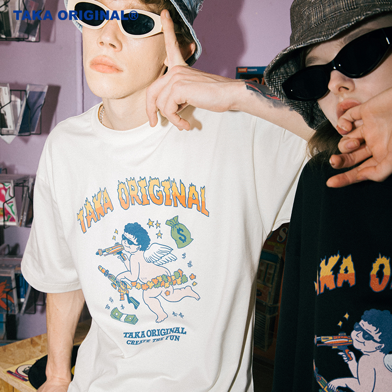 Taka Original夏季手绘复古天使t恤男原创短袖街头潮牌tee情侣女 乐淘淘折扣商城