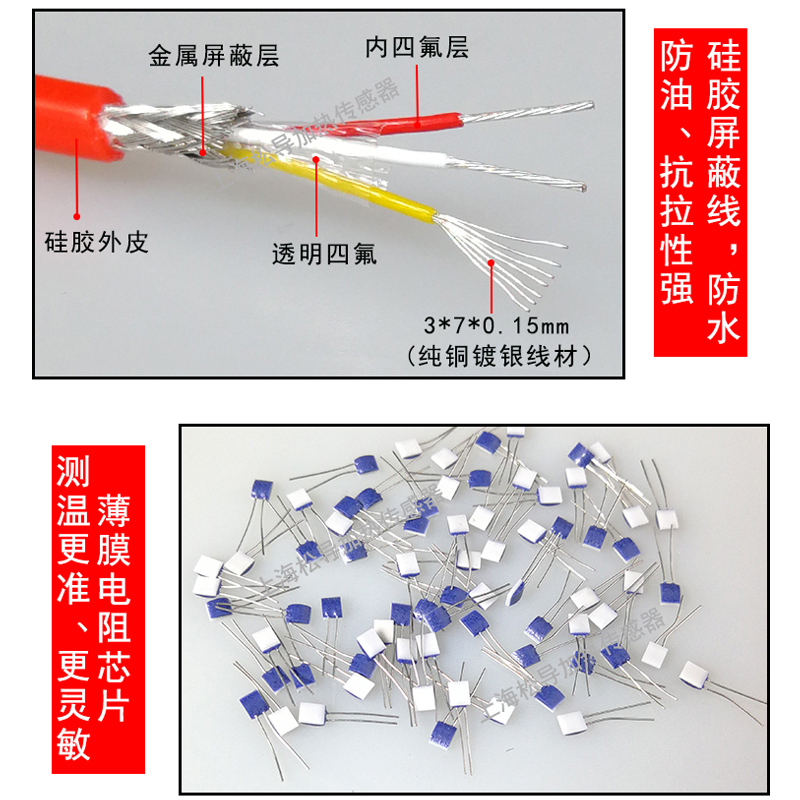 Pt100温度传感器防水防油测温探头滚口封装硅胶线光杆铂热电阻/偶