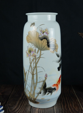 景德镇陶瓷器中式描金荷花瓶家居客厅摆件玄关办公装饰工艺品