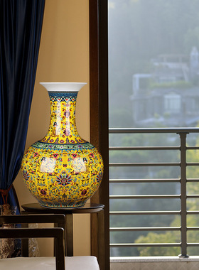 景德镇陶瓷器珐琅冬瓜花瓶摆件中式家居客厅电视柜插花办公室装饰