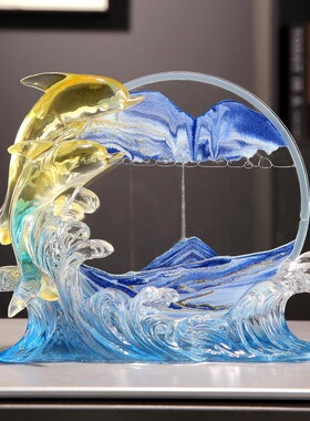 风生水起流沙画海豚摆件电视柜酒柜办公室装饰乔迁生日礼物高级感