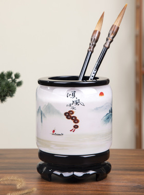 中式旋转毛笔笔筒大容量复古中国风办公桌笔筒桌面摆件商务礼品