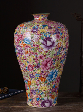 景德镇陶瓷珐琅彩万花赏瓶中式家居客厅玄关花瓶摆件工艺装饰品