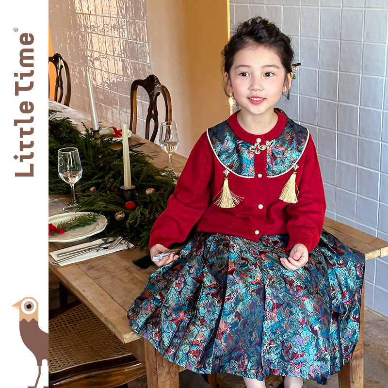 littletime女童套装红色新年服2024秋冬装中国风毛衣马面裙两件套 - 图3