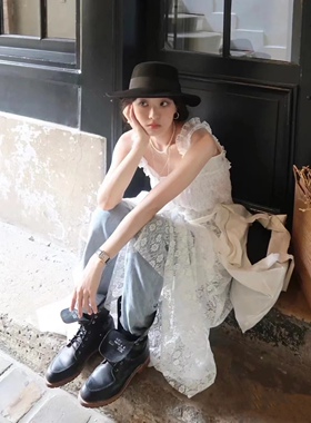 le rouge周美美同款韩版小众羊毛礼帽时尚英伦百搭平顶毡帽呢帽子
