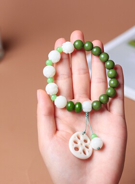 天然绿白玉菩提子根佛珠文玩手串DIY男女生念珠散珠莲藕手链批发