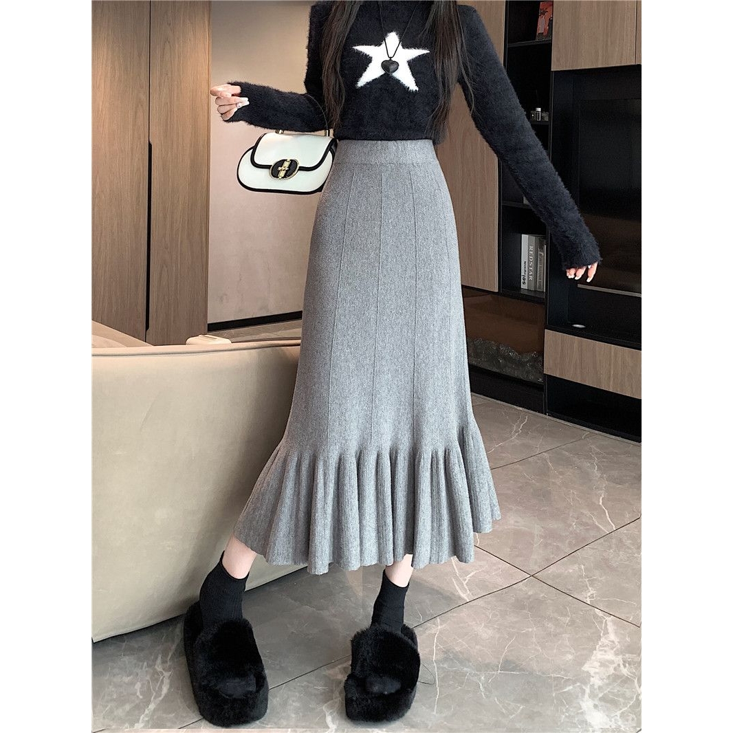 针织半身裙2024秋冬新款高腰显瘦a字裙百褶裙中长款荷叶边裙子 - 图3