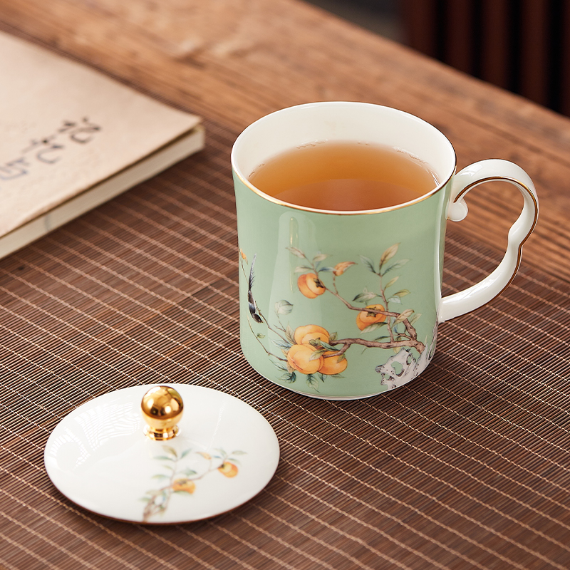 新中式办公泡茶水杯会议杯风骨瓷杯子带盖马克杯情侣对杯礼物