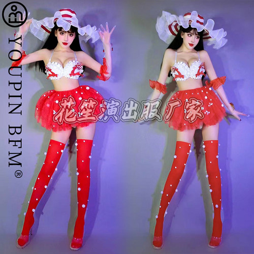 酒吧gogo演出服圣诞节红色性感花边服装裙子夜店舞队B组表演服DS - 图0
