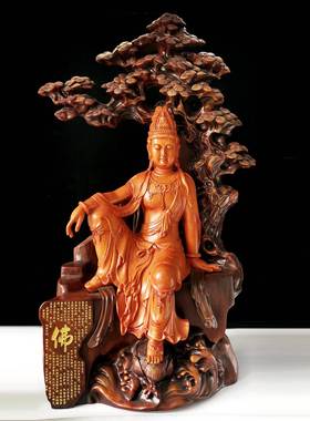 树脂木办雕观世南35寸自在音佛像摆件居家供奉海型观音菩萨大落地