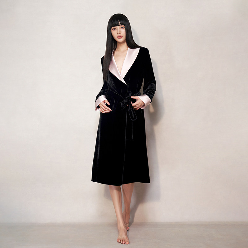 SILKY MIRACLE丝绒拼真丝长睡袍RENAISSANCE女复古晨袍法式家居服,淘宝优惠券,粉丝福利购,淘宝优惠卷