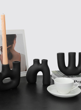 北欧简约ins黑白色几何陶瓷烛台摆件客厅餐桌蜡烛台家居软装饰品
