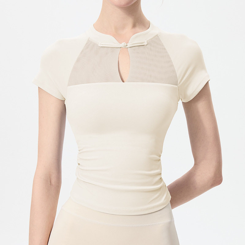 国风运动短袖侧边褶皱显瘦一体杯带胸垫上衣速干健身训练瑜珈服,淘宝优惠券,粉丝福利购,淘宝优惠卷