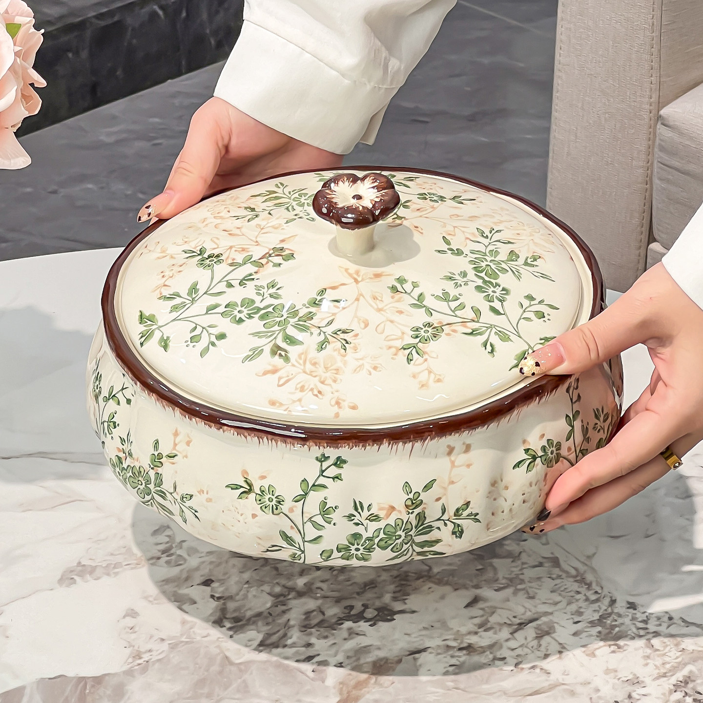 繁花似锦干果盘分格带盖茶几坚果糖果盒陶瓷乔迁之喜果盘高端精致,淘宝优惠券,粉丝福利购,淘宝优惠卷