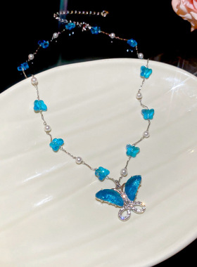 超仙小清新双层蓝色蝴蝶项链轻奢高级感小众辣妹choker锁骨链女