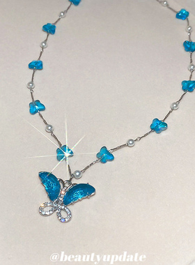 超仙小清新双层蓝色蝴蝶项链轻奢高级感小众辣妹choker锁骨链女