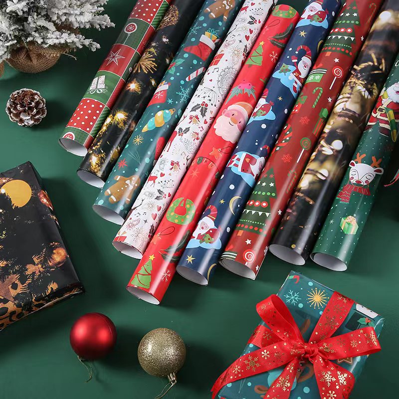卡通圣诞礼物包装纸ins风高档创意礼品包装纸大尺寸复古加厚铜纸包书皮纸节日礼盒手工diy包装材料套装牛皮纸