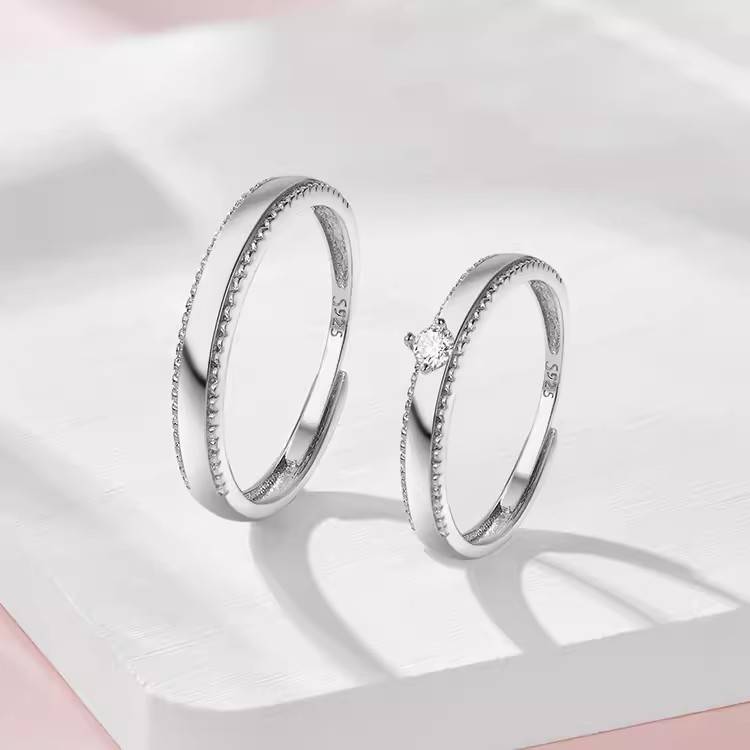 恋爱戒指轮之恋情侣对戒S925纯银可调节小众设计轻奢锆石戒银饰 - 图0