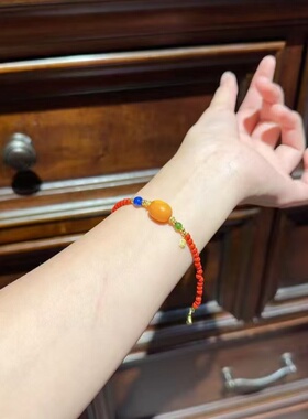 天然朱砂老蜜蜡转运珠手链男女
