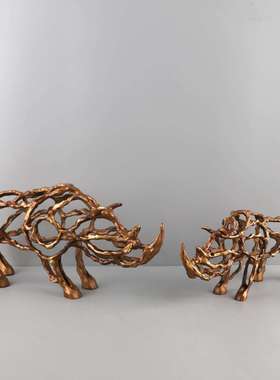 北欧创意抽象金属镂空犀牛动物雕塑摆件客厅玄关酒店软装家居饰品