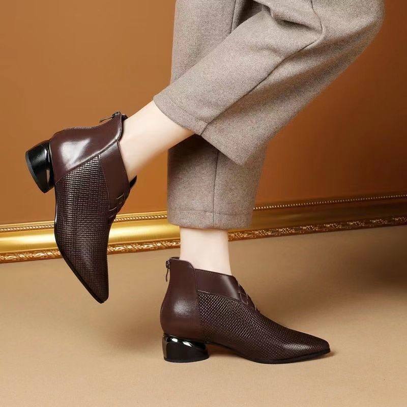 品牌真皮粗跟短靴女2025新款气质低跟尖头马丁靴冬季加绒保暖棉靴,淘宝优惠券,粉丝福利购,淘宝优惠卷