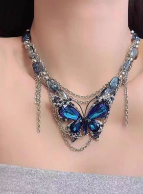 2026蓝色重工蝴蝶项链女配饰锁骨链颈链轻奢小众设计感高级年新款