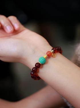 2025天然8MM血珀南红单圈手串 松石回纹珠路路通吊福牌手链民族风