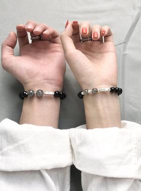 2025黑曜石情侣手链一对女男士银制感应手串纪念礼物情侣款珠子