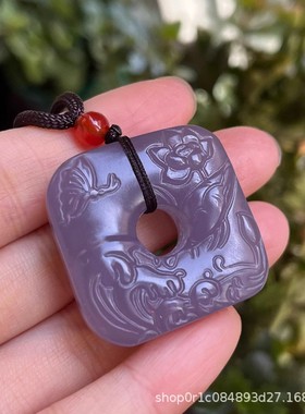 2026外蒙料仿和田玉晴水色连年有鱼吊坠烟紫色方形平安扣烟灰碧玉