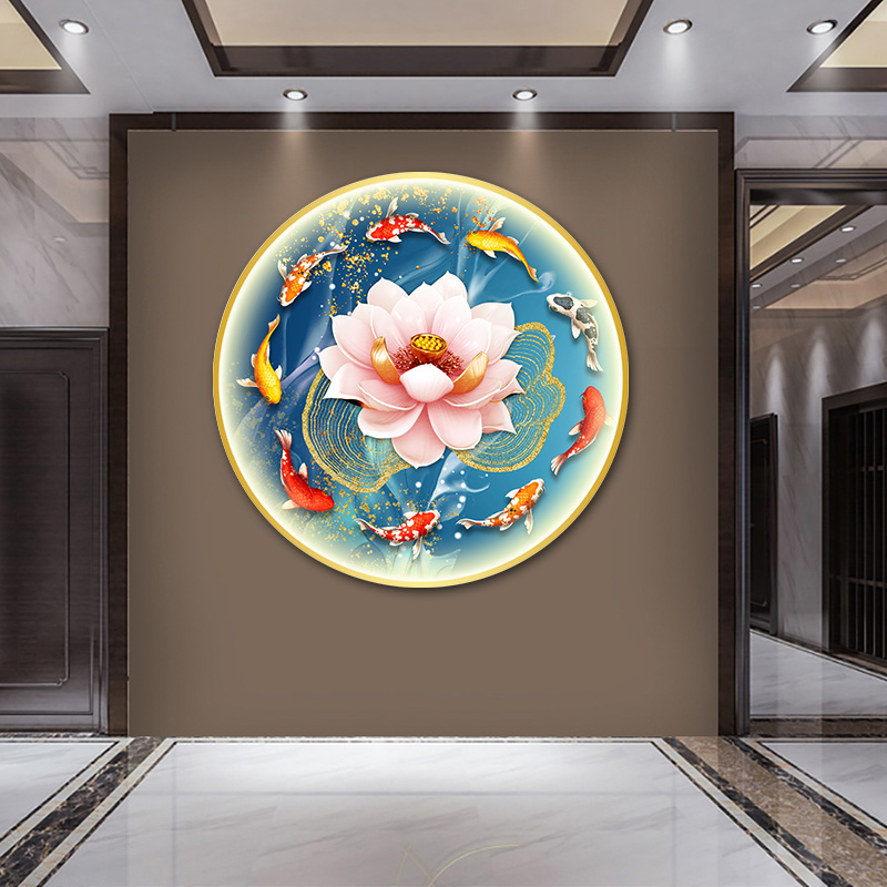 九鱼图招财挂画新中式圆形装饰画玄关带灯墙画led发光壁画锦鲤图 - 图0