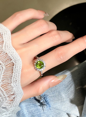 S925纯银戒指女天然水晶石托帕石太阳花可调节指环银饰品