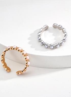 臻致 S925银简约仿珍珠复古圆形花边戒指女小众设计轻奢风食指环